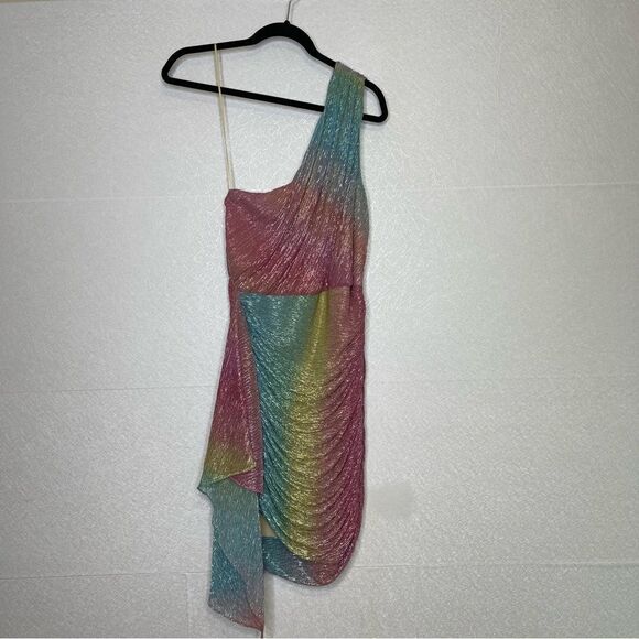 PatBo Prism Lurex Shimmer Rainbow One Shoulder Mini Dress 12 - Picture 3 of 8